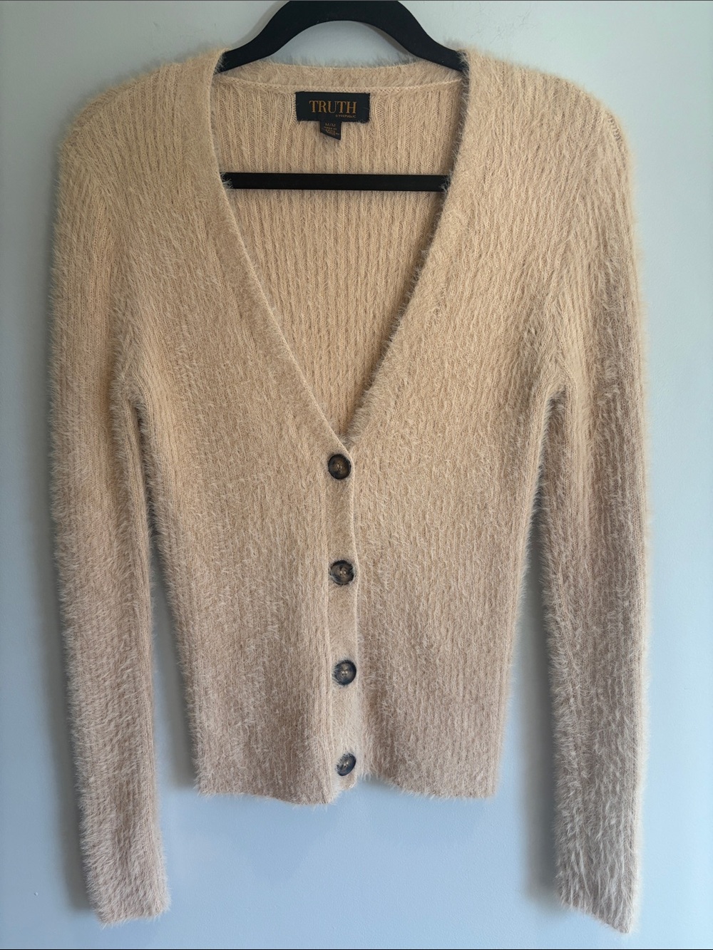 Truth Cream Fuzzy V-Neck Button Cardigan